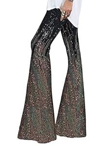 BLENCOT Women's Glitter Sequin Wide Leg Palazzo Pants High Waist Bell Bottoms Party Flared Trousers Blue S 
