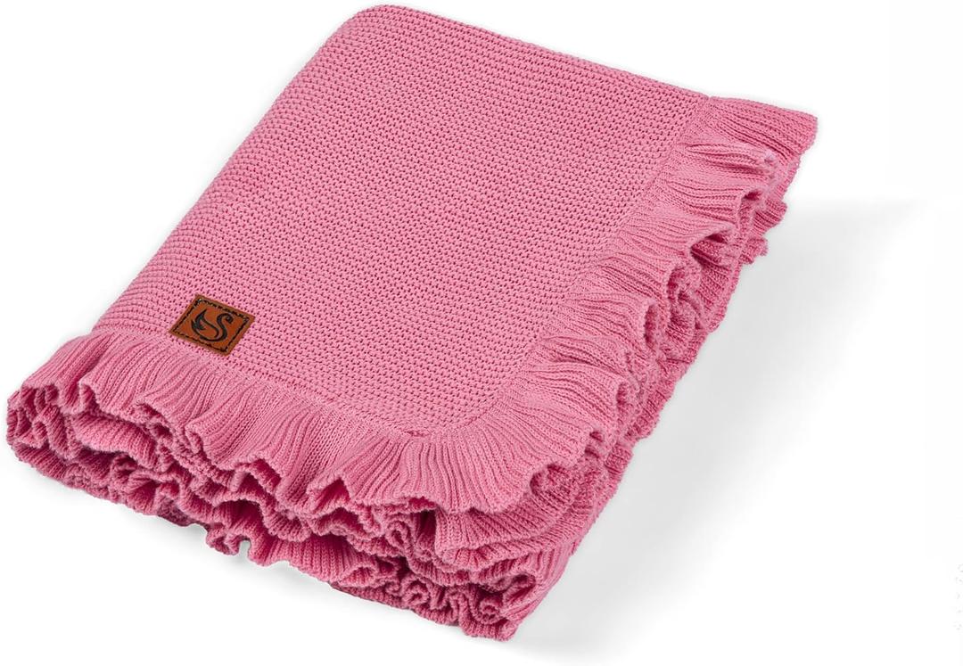 Ruffle Knit Blanket for Baby - 100% Luxury Soft Cotton Knit Warm Cozy Cuddle Stroller Crib Blanket for Newborns, Infants, & Toddlers (Rose Pink)