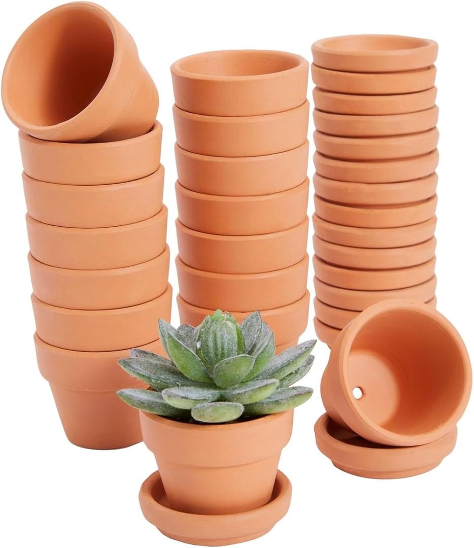 Juvale Miniature Clay Pots with Saucers & Drainage Holes - 1.9 x 2 x 1.7 inches - 16-Pack Rustic Terracotta Succulent Planters - Tiny Terracotta Pots with Tray for Garden Decor