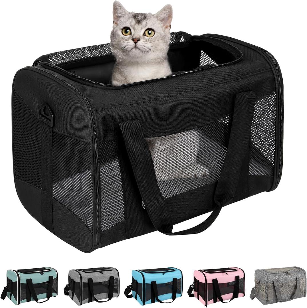 Cat Carrying Case - Pet Carrier Airline Approved, Portable and Breathable Pet Travel Carrier Removable Fleece Pad, Collapsible Cat Carrier Dog Carrier for Medium Cats Small Cats Dogs(Medium, Black) (17.0"L x 11.0"W x 11.0"H)