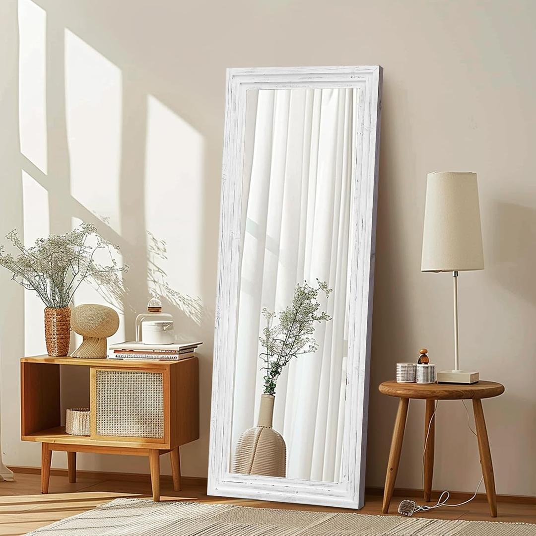 Full Length Mirror 58"x22" Solid Wood Frame Floor Large Mirror for Living Room, Bedroom Hanging or Leaning Wall-Mounted, White