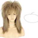VGbeaty 70s 80s Mullet Women Shoulder Length Straight Light Brown Wig with Necklace Rock Disco Cosplay Party Halloween Costume Wig