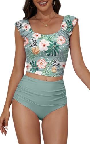 Eomenie Tankini Swimsuits for Women Ruched Tummy Control Bathing Suit Two Piece Swim Tank Top with High Waisted Bottom Green Floral, M
