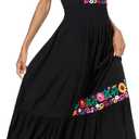 Women's Summer Maxi Dress Casual Floral Embroidered Round Neck Short Sleeve Ruffle Tiered Dress Flowy Boho Beach Sundress (Black, S)