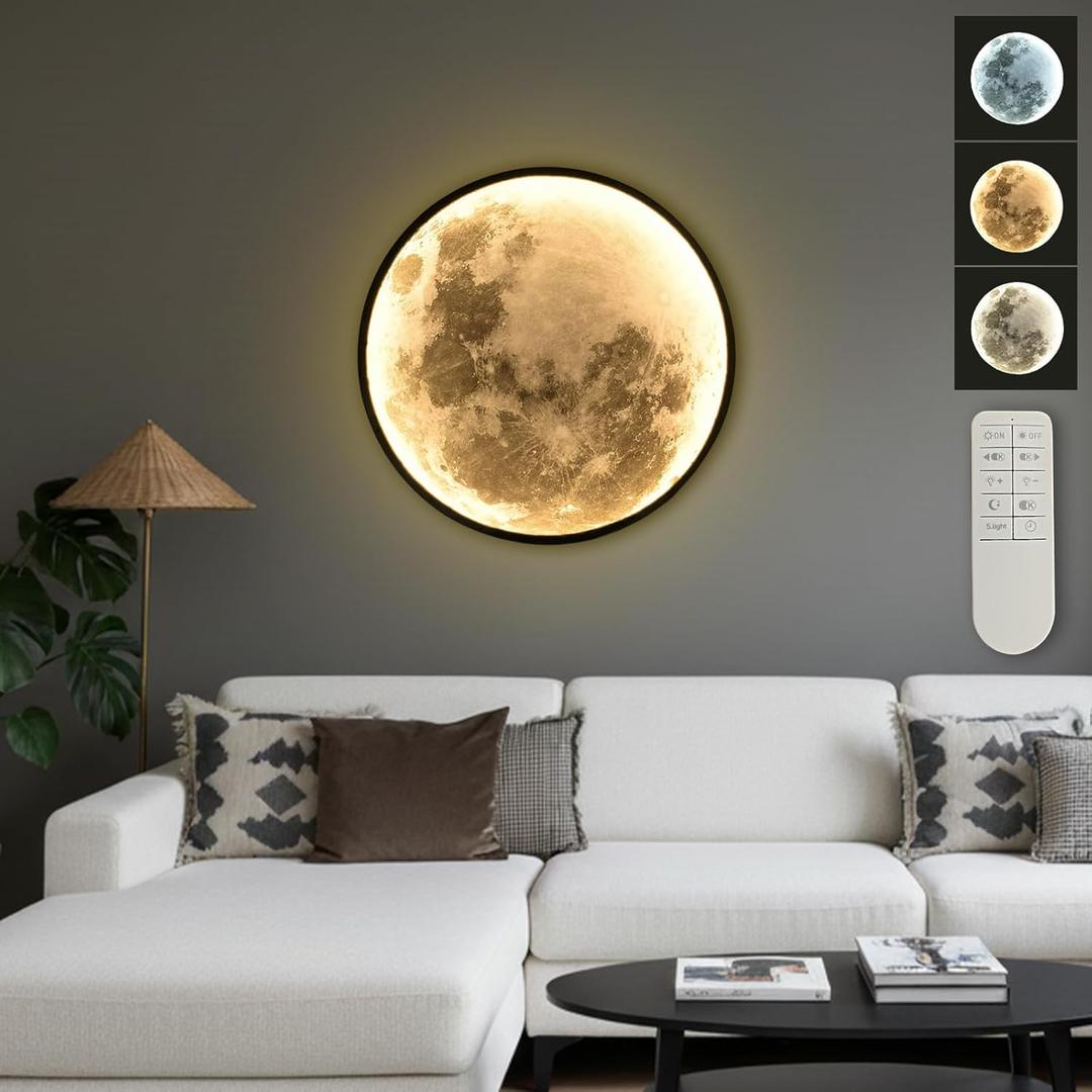 Dimmable Moon Wall Light 23.6 Inch Indoor Plug in LED Wall Sconce with Remote Control, Modern Black Moon Lamp Wall Decor for Bedroom Living Room, Lighted Wall Art