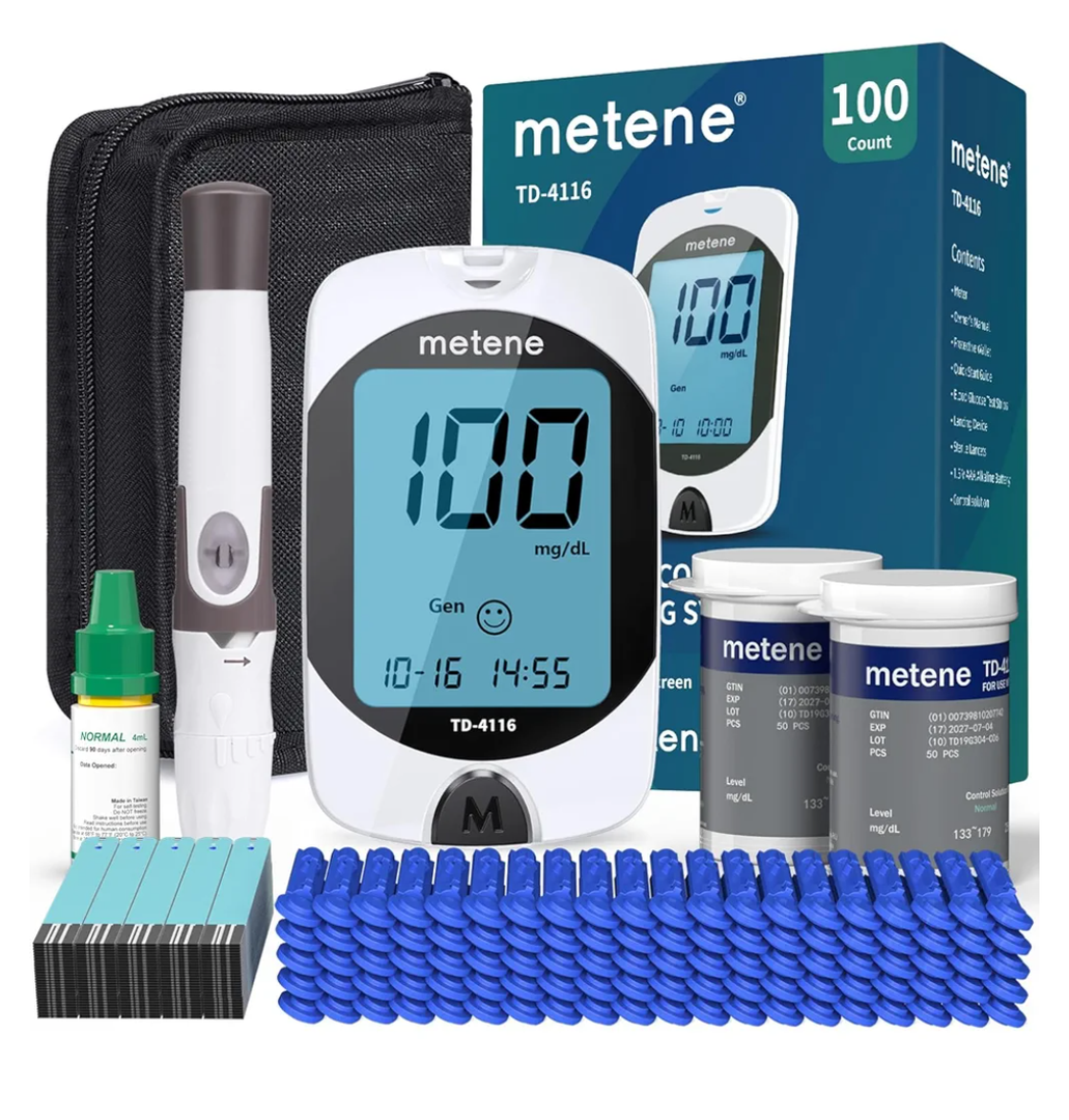Metene TD-4116 Blood Glucose Monitor Kit, 100 Glucometer Strips, 100 Lancets, 1 Blood Sugar Monitor, Blood Sugar Test Kit with Control Solution, Lancing Device, No Coding, Large Display