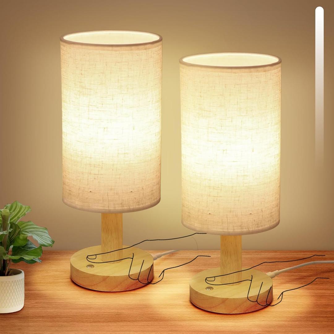 Small Cordless Touch Table Lamps Set of 2 with Stepless Dimming, Natural Wood Base & Linen Fabric Shade,Wireless Battery-Powered Ambient Night Lights for Bedroom, Bedside, Nightstand,Room, Nursery