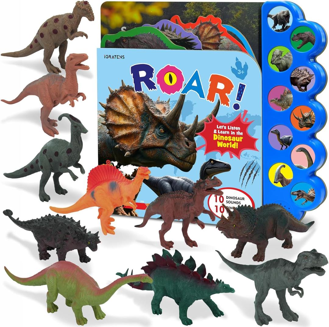 Dinosaur Toys with Sound Books, 10PCS Dino Toy for Toddlers & Animal Sounds Book with 10 Buttons, Realistic Plastic Animal Figures, Dinosaur Toys for Kids 3-5, Dinosaurs Lover Gifts for Kids