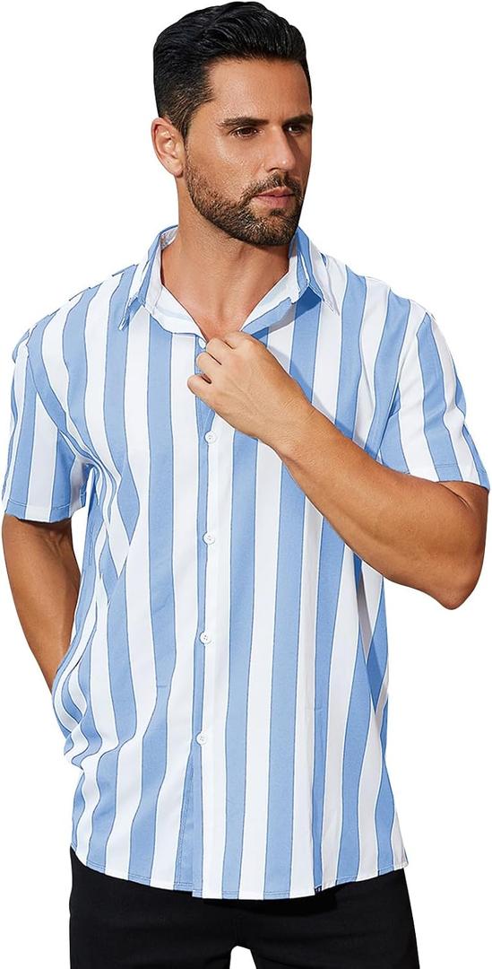 ABAFIP Men's Casual Striped Button Down Short Sleeve Shirt Summer Beach Hawaiian Button up Dress Shirts (Blue, XL)