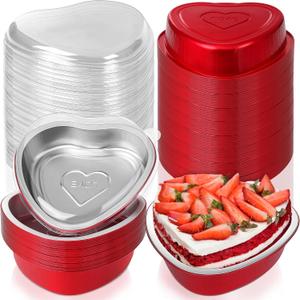Fovths 72 Pieces Heart Shaped Cake Pans 23 Ounce Aluminum Foil Heart Shaped Cupcake Pans with Lids Disposable Extra Large Dessert Flan Baking Cups for Valentine Cooking, Red