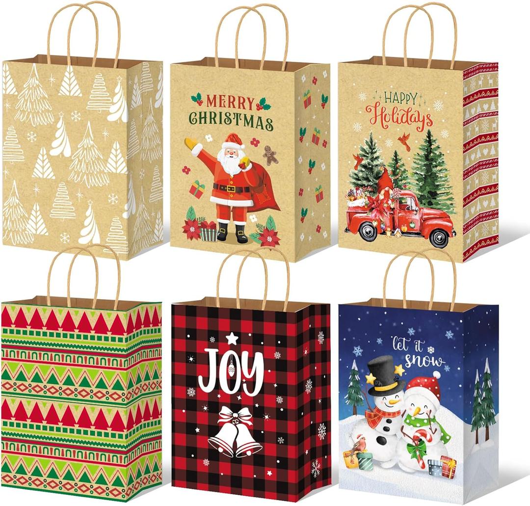 JUESMOS 24 Pack Kraft Christmas Gift Bags with Handles 10" Medium Paper Bags for Present Wrapping Holiday Paper Treat Goodie Bags for Christmas Party Favors and Decoration Supplies