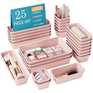 25 PCS Pink Drawer Organizer Set, 4 Size Interlocking Plastic Storage Bins for Office Supplies, Jewelry Makeup Vanity, Bathroom Kitchen, Home Organization Closet, Gadgets Small Items