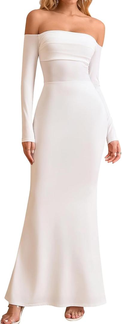 KUTUMAI Off Shoulder Tie Formal Wedding Guest Dresses for Women Fall Long Sleeve Bodycon Lace Up Maxi Dress (White, M)