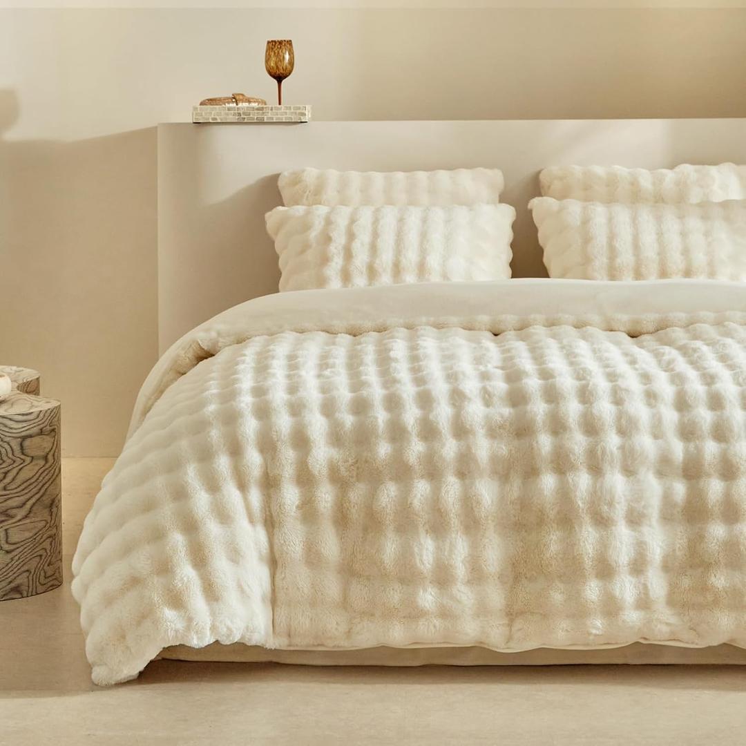 Tokokimo Fluffy Duvet Cover King Size, Faux Fur Duvet Cover Set, Ultra Soft & Warm 3 Pcs Flannel Fuzzy Comforter Cover Beige Bedding Set (1 Duvet Cover & 2 Pillowcases)