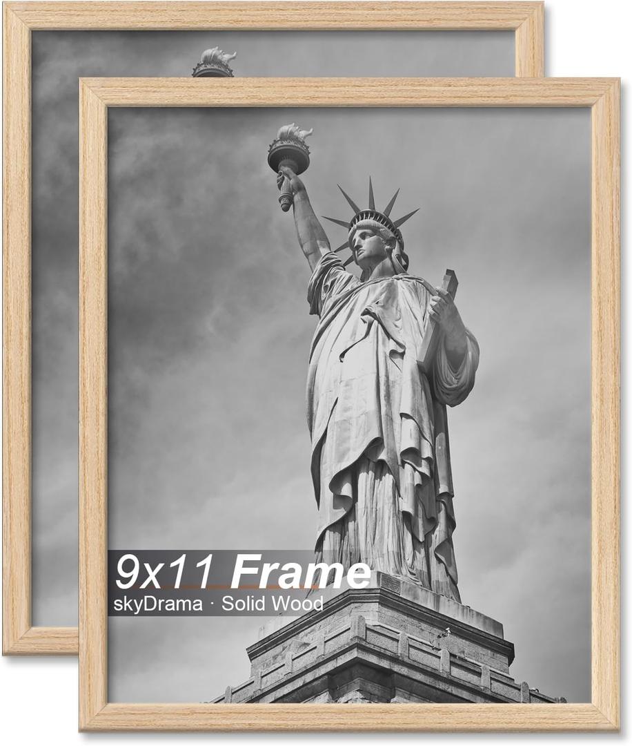 Natural Solid Wood 9x11 Picture Frame, Display 9 x 11 Inch Picture Poster Photo, Vertical & Horizontal Wall Hanging - 2 Pack/Natural/9"x11"