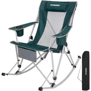 FUNDANGO Rocking Camping Chair, High Mesh Back Portable Folding Camp Chairs with Pillows, Cup Holder and Carry Bag for Lawn Patio Garden Outdoor Supports 300 Lbs (Green/Grey)