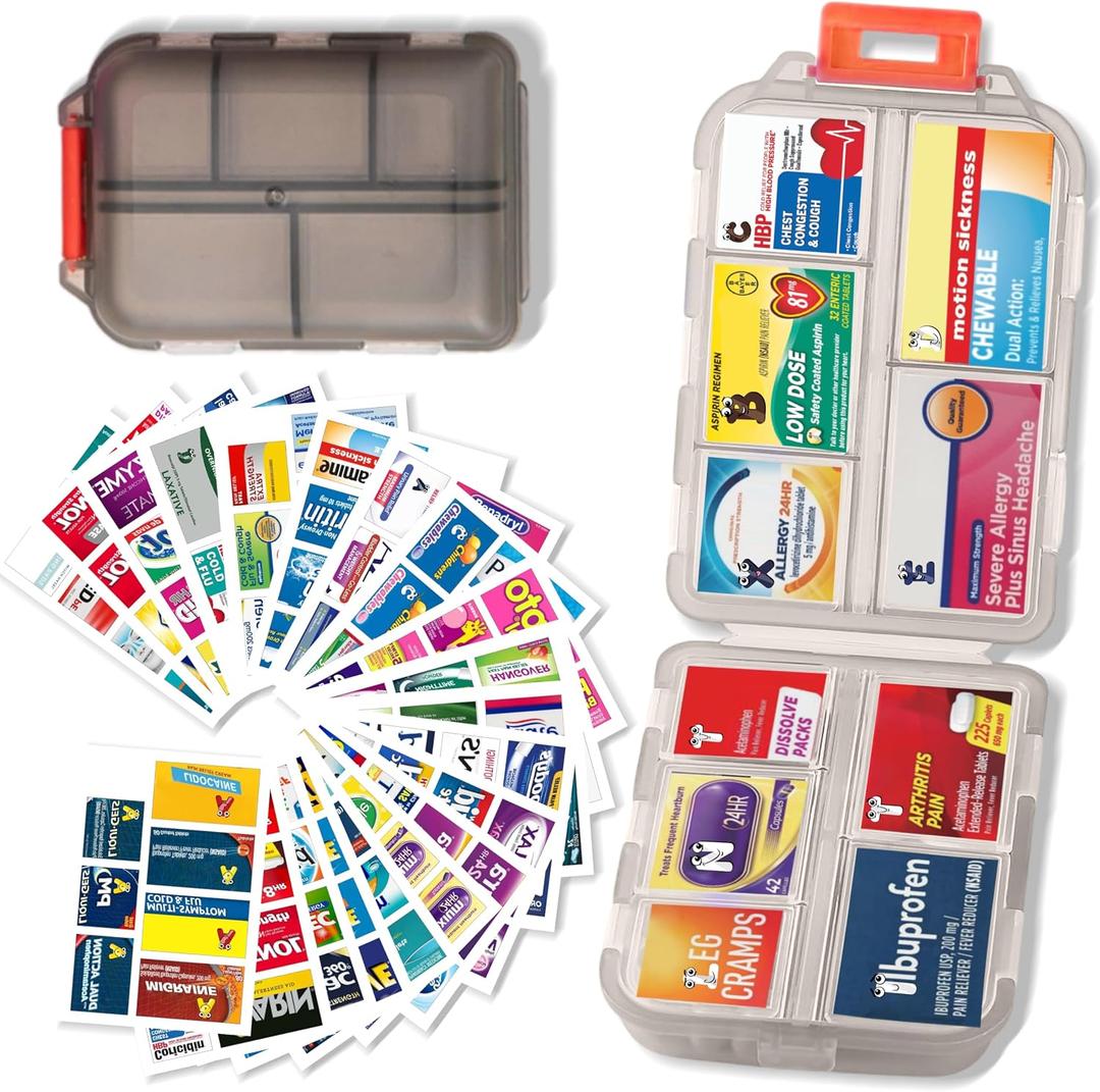 Pill Organizer with Medicine Labels Travel Daily Pill Container Mini Medication Organizer Storage Pill Organizer Travel Essentials Pill Case 7 Day (Grey & 161 Lables)