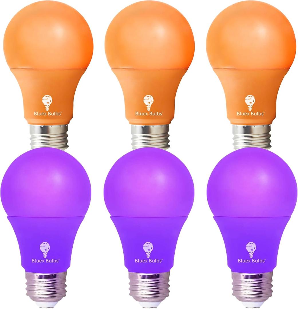 6 Pack A19 LED Purple Light Bulb LED Orange Light Bulb 120V E26 Base 7-9 Watt (50-60-watt Replacement) Purple Bulb Orange Bulb, Party Decoration, Porch, Home Lighting, Halloween Light Bulbs