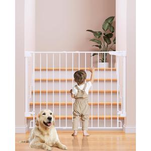 Cumbor 34" Extra Tall No Bottom Bar Baby Gate for Stairs, Wall Mounted Dog Gate Indoor for Larger Pets, Expandable 29.2-43" Safety Gate for Doorways, Wide Walk Thru Door for Easy Access (White)