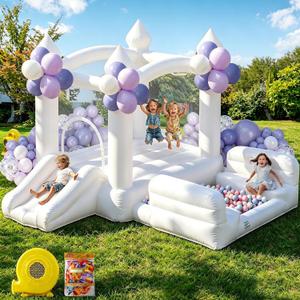 White Bounce House for Kids 3-8, Inflatable Bouncy House with Air Blower Slide Ball Pit Jumping 100 Balloons, Outdoor and Indoor Bouncy Castle for Party Birthday Wedding Event (10x6x6FT)