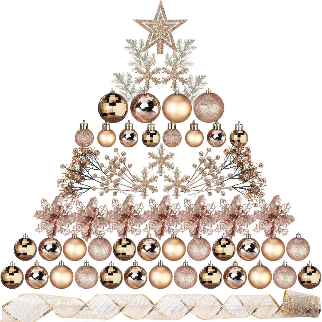 Sratte 94 Pcs Christmas Tree Decorations Set, Christmas Tree Ball Ornaments Glitter Poinsettia Flowers Decorations Glitter Berries Stems for Xmas Holiday Wedding(Champagne Gold)