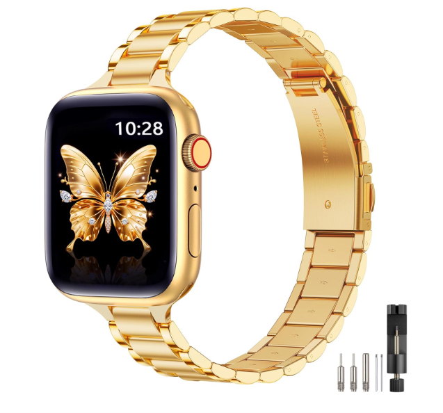 WFEAGL Thin Metal Bands Compatible with Apple Watch Band 42mm (Series 10) 41mm 40mm 38mm for Women, Slim Stainless Steel Wristbands for iWatch SE Series 9 8 7 6 5 4 3 2 1 (Gold)