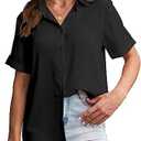 YAMANMAN Women's Button Down Shirt Short Sleeve Classic Collared Blouse Work Office Casual Chiffon Tops, Large