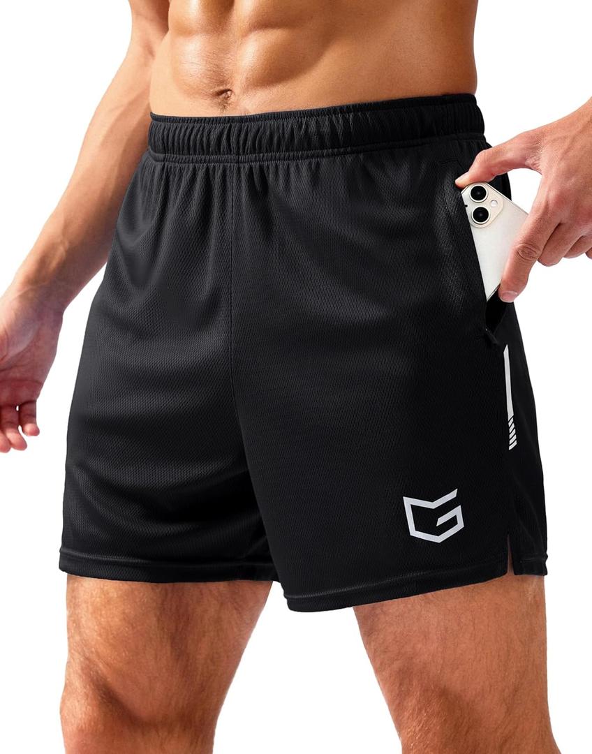 G Gradual Men's Gym Shorts 5"/ 7"/ 10" with Zipper Pockets Basketball Athletic Mesh Quick Dry Shorts for Workout Running Tennis (5 inch, Black, Small)