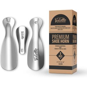 Velette 3-Pack Metal Shoehorn - 2 Set 7.5" Long Shoe Horn,1 Set 4" Travel Shoe Horn for Kids, Men & Women - Shoes Helper, Spoon, Travel Size Shoehorn for Boots, Shoes, Sneakers, Heels and More