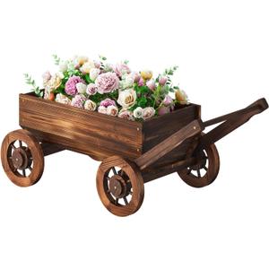 Wooden Wagon Garden Planter Cart with Wheels Rustic Flower Pot Indoor Outdoor Patio Backyard Balcony Decor for Succulents, Flowers and PlantsCarbonized-L, Large-Carbonized
