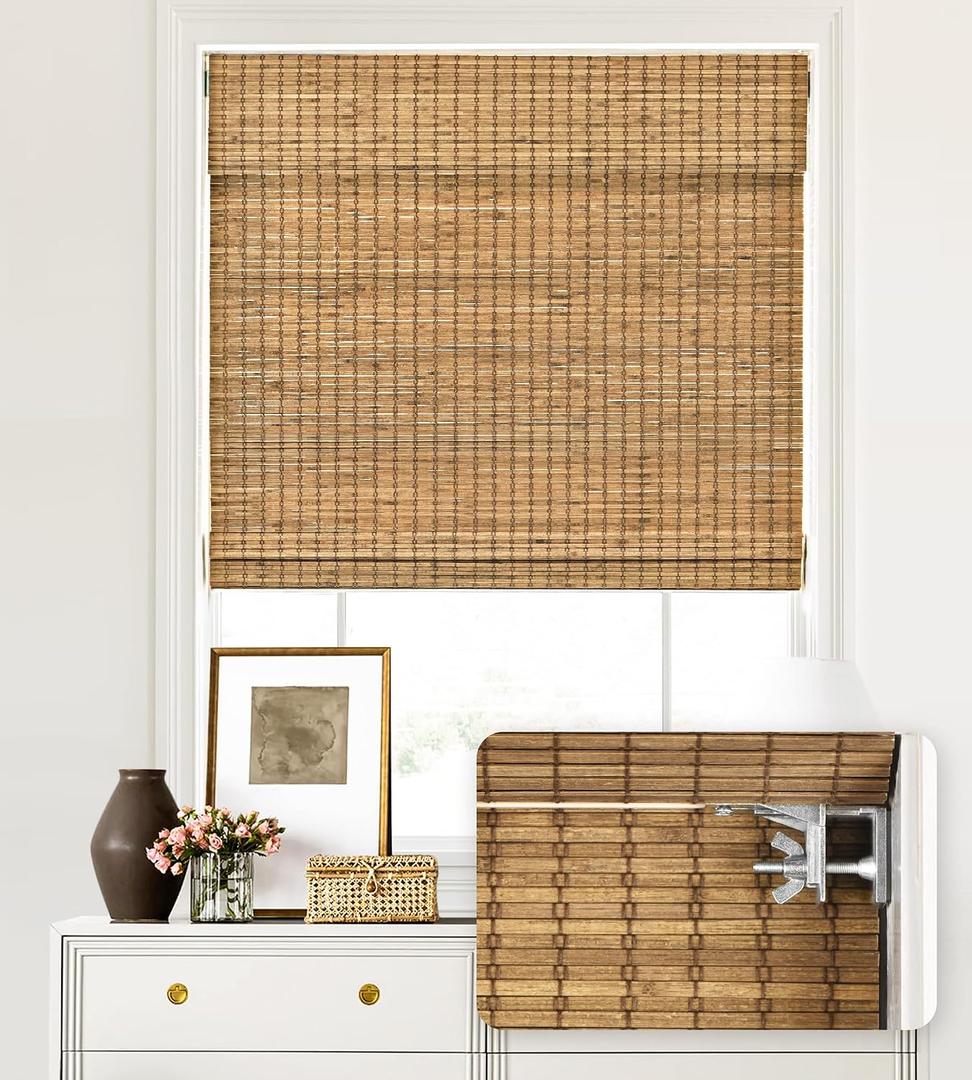 LazBlinds No Tools No Drill Cordless Bamboo Roman Shades, Light Filtering Window Treatment, Roll Up Bamboo Blinds for Windows 48'' W x 64'' H, Eastfield Teak