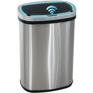 PayLessHere 13 Gallon / 50 Liter Trash Can Stainless Steel Touchless Trash Bin Oval Shape Office Waste Bin for Kitchen Bathroom Bedroom Living Room with Lid Powered by Batteries (not Included)