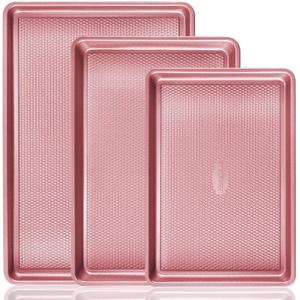 HONGBAKE Baking Sheet Pan Set, Cookie Sheets for Oven, Nonstick Half/Quarter/Jelly Roll Pans with Diamond Texture Pattern, Heavy Duty Cookie Tray, Pink