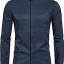 Mens Banded Collar(Mandarin Collar) Long Sleeve Casual Solid Fancy Dress Shirts (XX-Large, Navy Blue)