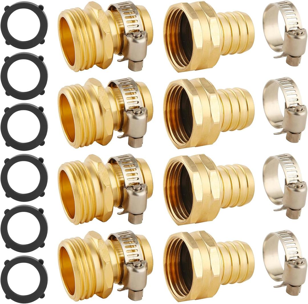 4 Set Brass Garden Hose Repair Connector Kit with Clamps, Fit for 3/4" Garden Hose Fitting,3/4'' Barb x 3/4'' GHT Garden Hose Adapter/Fittings, Water Hose Repair Kit