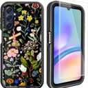 Compatible for Samsung Galaxy A15 5G Case with Screen Protector [Military Grade Protection] Cute Floral Design Heavy Duty Shockproof Case for Girls Women, Black Flowers