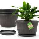 Quarut 14 Inch Plastic-Flower-Pot-for-Indoor-Plants, 4 Pack Large Outdoor Planter Pot with Drainage Holes & Saucers, Resin Decorative Garden Pots PlantersBrown