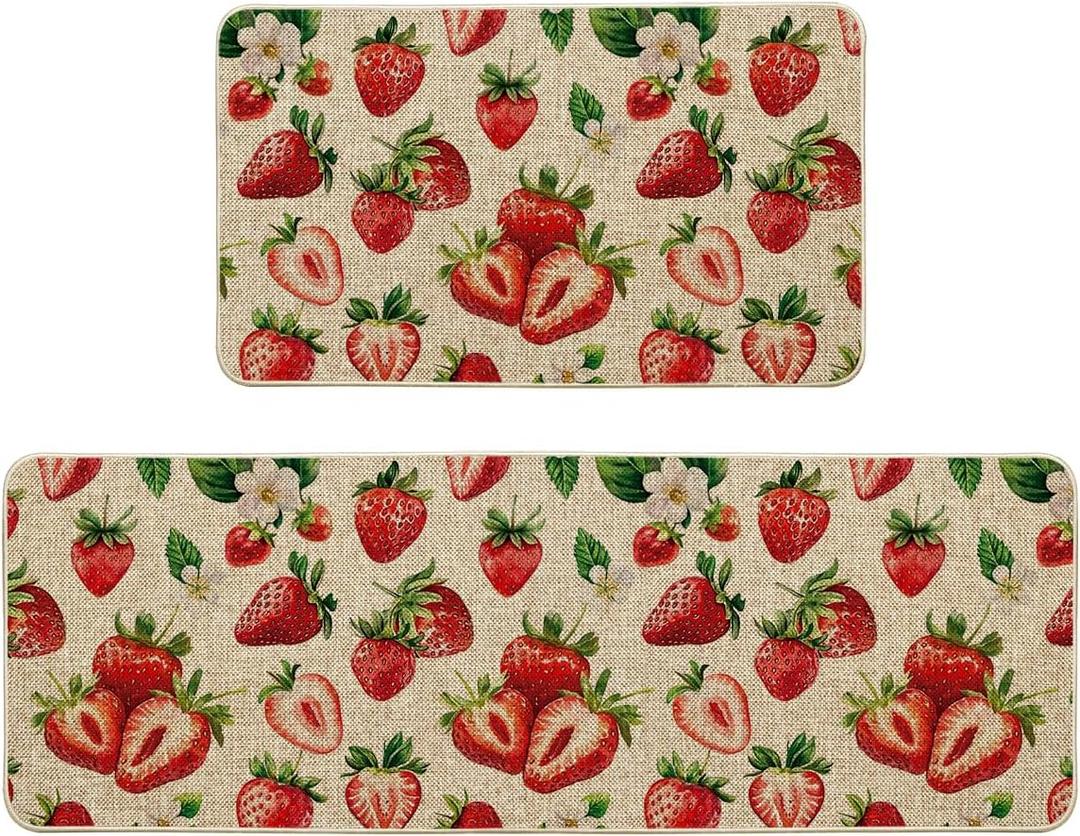 Artoid Mode Strawberry Spring Kitchen Mats Set of 2, Home Decor Low-Profile Kitchen Rugs for Floor - 17x29 and 17x47 Inch