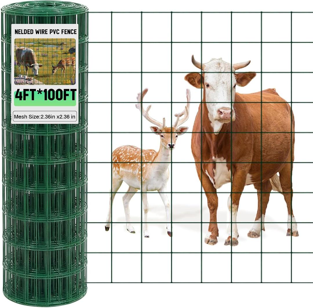 Gisafai 16 Gauge Galvanized Welded Wire Fence 4 ft x 100 ft PVC Coated Hardware Cloth, 2.36" x 2.36" Mesh, Heavy Duty Garden Fencing Roll for Chicken, Dog Yard, Deer Cattle & Animal Protection(Green)