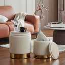 YYW HOME Round Ottoman with Storage Set of 2 Vanity Stool Foot Rest with Removable Lid White Velvet Storage Ottoman Stool for Living Room and Dorm, 14.75" x 14.75" x 17.75", 12.6" x 12.6" x 14.17"