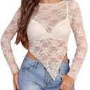 Avidlove Womens Mesh Tops Lace Long Sleeve Shirts Crewneck Slim Fitted Outfits See Through Blouses Champagne Large