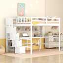 Full Size Bed Frame with Desk,Solid Wood Loft Bed Frame Storage Shelves and Staircase,Easy Assembly for Bedroom,White
