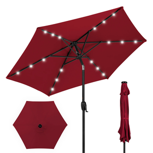 JEAREY 9FT Outdoor Patio Umbrella with Solar Lights, LED Lighted Pool Umbrella with Tilt and Crank, Outdoor Table Umbrellas for Deck, Yard & Market (Red)