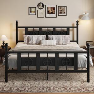 Garvee King Size Bed Frame with Headboard and Footboard, Metal King Bed Frame w/Vintage Circular Design & Storage Space Under Bed, No Box Spring Required, Easy Assembly, Noise-Free (Black, King)