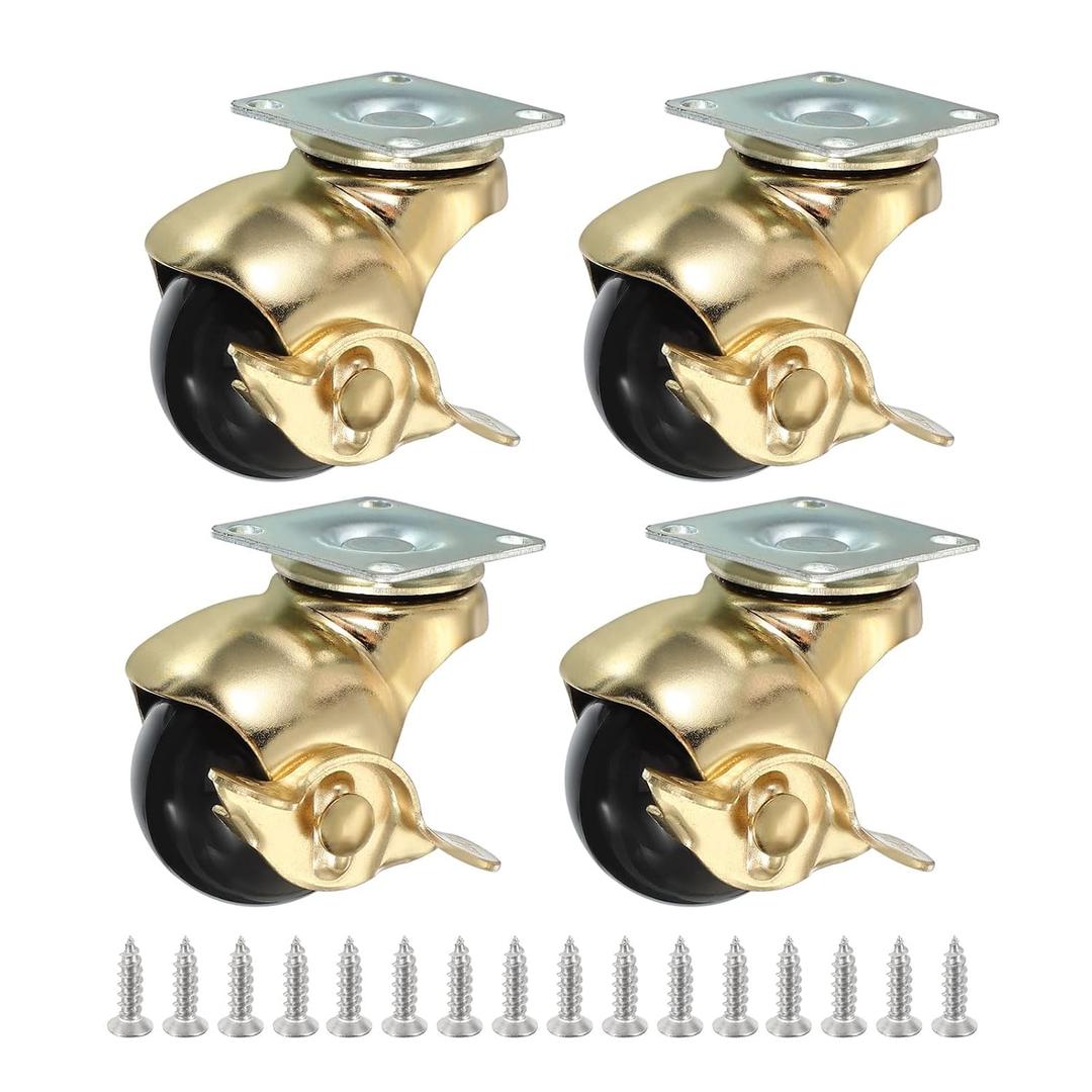 PATIKIL 2 Inch Ball Caster Wheels with Brake, 4 Pack 360 Rotating Swivel Top Plate Wheels 397 lbs Total Capacity Locking Caster with M4 Screws for Furniture Table Cabinet Gold