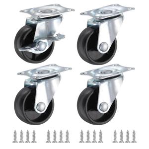 PATIKIL 1.5" Plate Swivel Caster Wheels, 4 Pcs Silent Fixed Plate Casters with M4 Screws Load Capacity 132Lbs for Furniture Cart Trolley, Black(1 with Brake, 1 Without Brake)