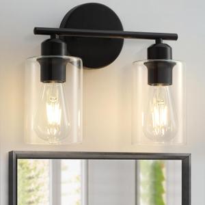 2-Light Bathroom Light Fixtures, Matte Black Bathroom Vanity Lights, Bathroom Lighting Fixtures Over Mirror with Clear Glass Shade, Wall Sconce Light for Bedroom, Living Room and Hallway, 2 Light - 1 Pack