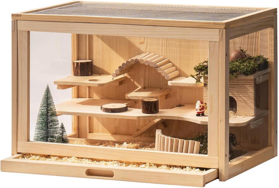 Mewoo Wooden Hamster Cage for Dwarf Hamsters Large Acrylic Hamster Cage and Habitats with Hideout & Shelf & Ladder, Small Animal Cage for Guinea Pig Rat Mouse Gerbil (23.6" L x 15.7" W x 15.7" H)