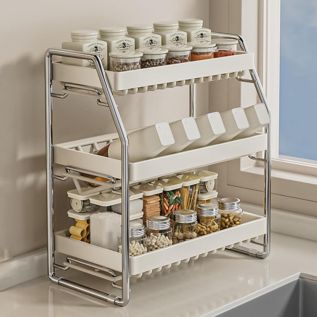 Spice Rack 3 Tier Kitchen Countertop Organiser Seasoning Rack Bathroom Tiered Shelf Skincare Standing Rack