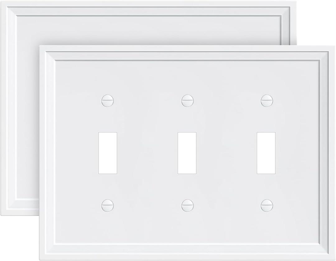 2-Pack Triple Toggle Light Switch Cover Plate, White Decorative Switch Plate Covers, Natural Bamboo Fiber 3 Gang Wall Plate, Corrosion Resistant